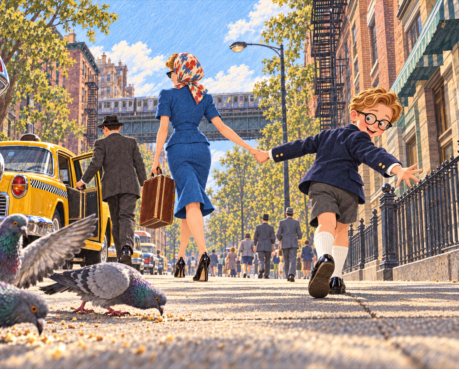 Family running toward a yellow taxi in Woodside