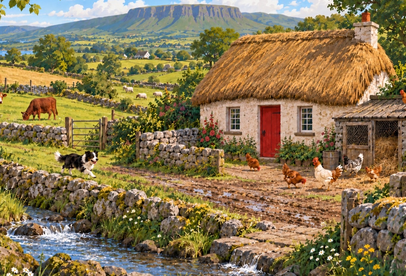 An Irish farm cottage with a red door, cows, a dog, chickens, and green hills
