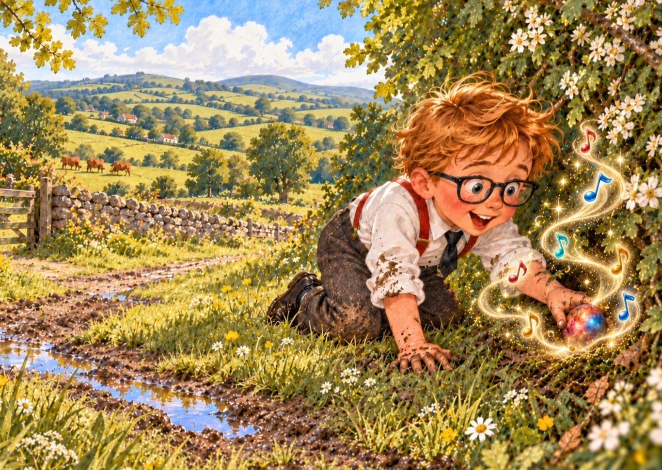 A young boy kneels in a sunlit Irish meadow